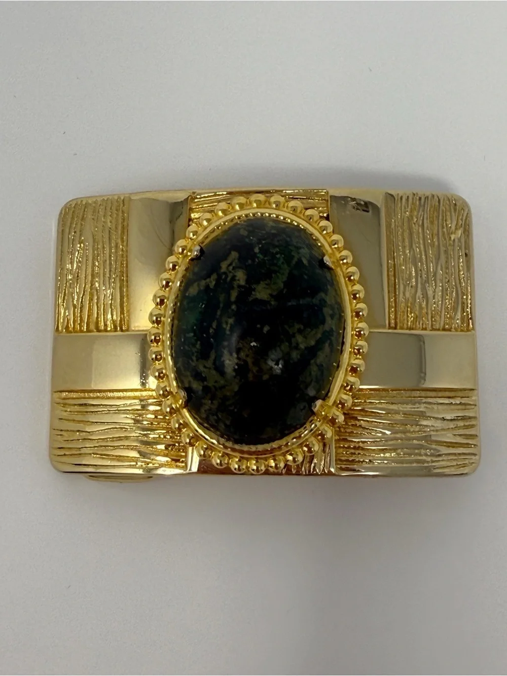 Vintage Gold Tone Belt Buckle Statement Green Stone Cabochon Rectangle Textured